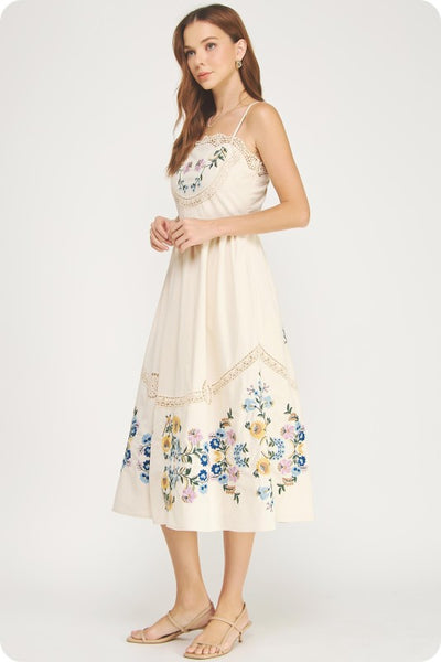 Emb Floral Lace Trim Midi - Oatmeal