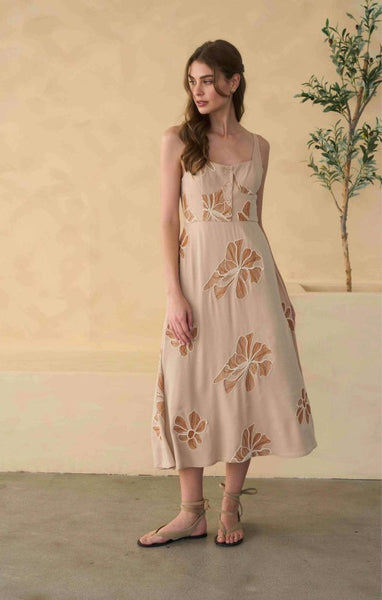 Emb Half Button Floral Midi - Tan