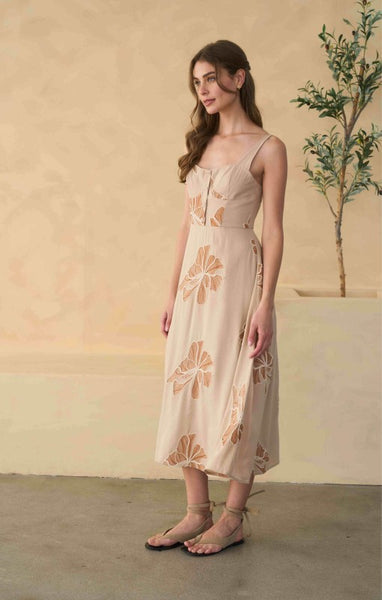 Emb Half Button Floral Midi - Tan