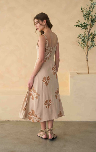 Emb Half Button Floral Midi - Tan