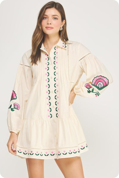 Emb Pintuck Mini Shirt Dress - Cream