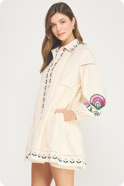 Emb Pintuck Mini Shirt Dress - Cream