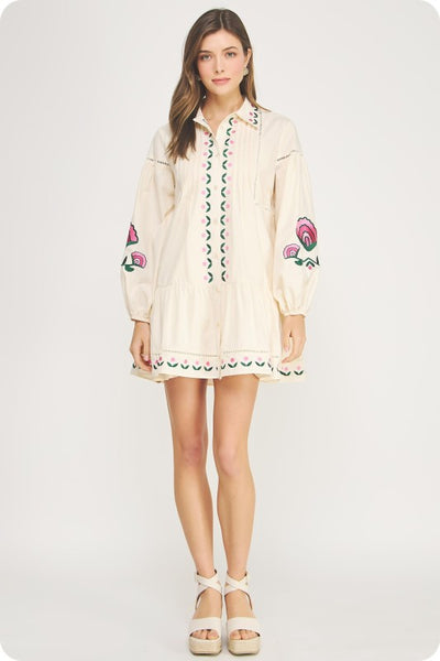 Emb Pintuck Mini Shirt Dress - Cream