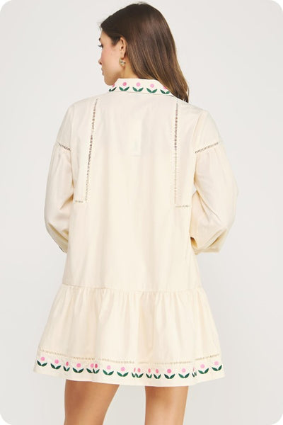 Emb Pintuck Mini Shirt Dress - Cream