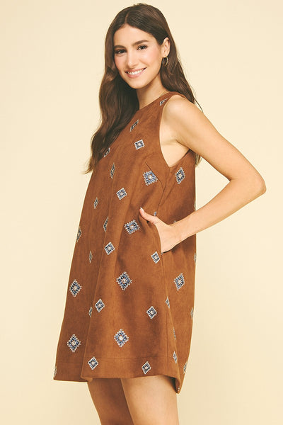 Emb Suede A-Line Mini Dress - Camel