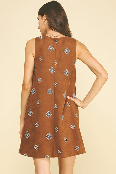Emb Suede A-Line Mini Dress - Camel