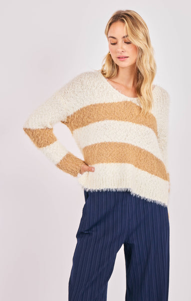 Emberly Fuzzy Stripe Sweater - Taupe