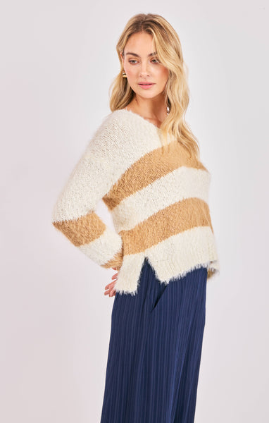 Emberly Fuzzy Stripe Sweater - Taupe