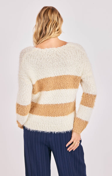 Emberly Fuzzy Stripe Sweater - Taupe