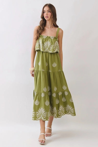 Embroidered Eyelet Midi Dress - Green