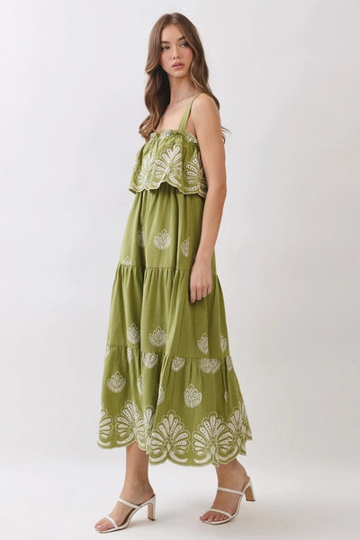Embroidered Eyelet Midi Dress - Green