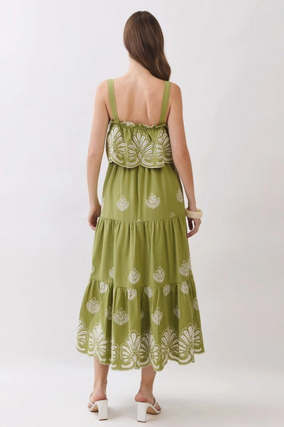 Embroidered Eyelet Midi Dress - Green
