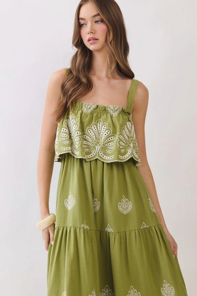 Embroidered Eyelet Midi Dress - Green
