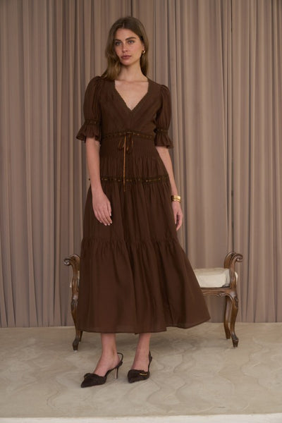 Erica Tiered Lace Trim Midi - Brown