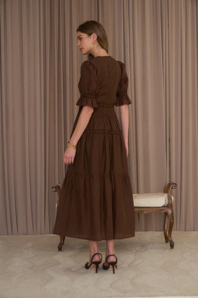 Erica Tiered Lace Trim Midi - Brown