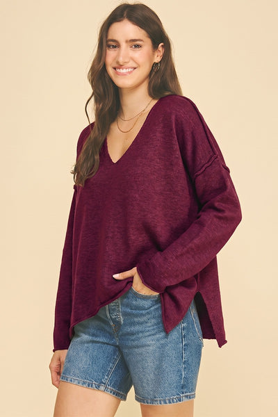 Exposed Seam Oversized Sweater - Wine
