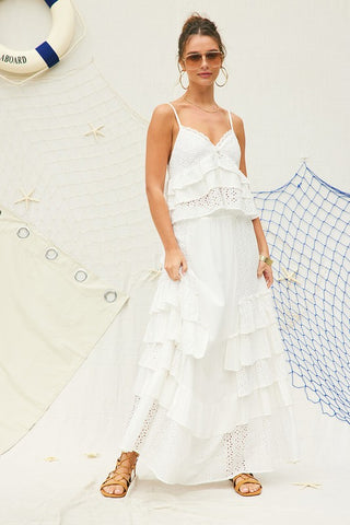 Eyelet Ruffle Maxi Skirt - White