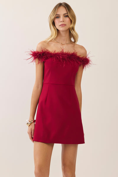 Feather Trim Off Shoulder Mini - Red