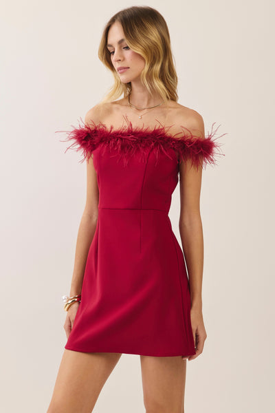 Feather Trim Off Shoulder Mini - Red