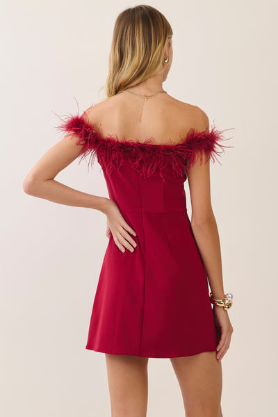Feather Trim Off Shoulder Mini - Red