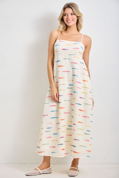 Fish Print Midi Dress - Cream