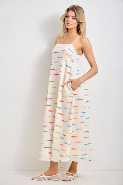 Fish Print Midi Dress - Cream