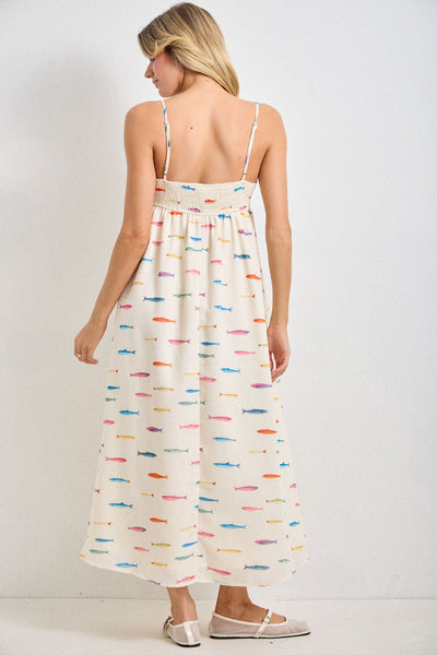Fish Print Midi Dress - Cream
