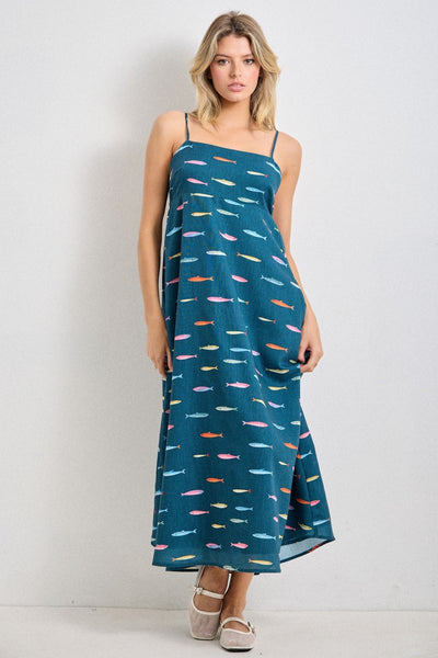 Fish Print Midi Dress - Teal