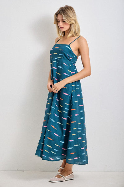 Fish Print Midi Dress - Teal