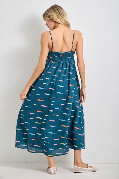 Fish Print Midi Dress - Teal