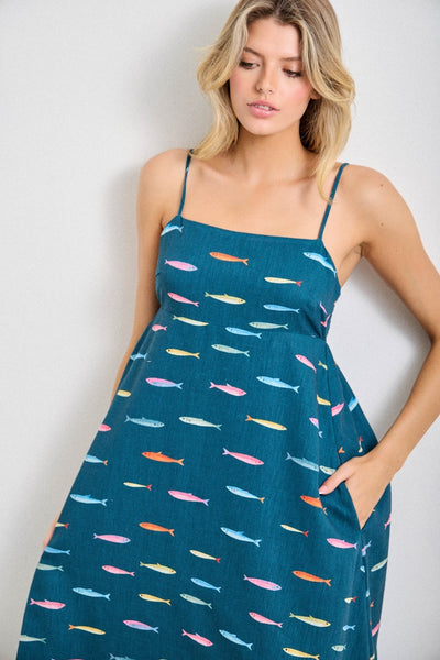 Fish Print Midi Dress - Teal