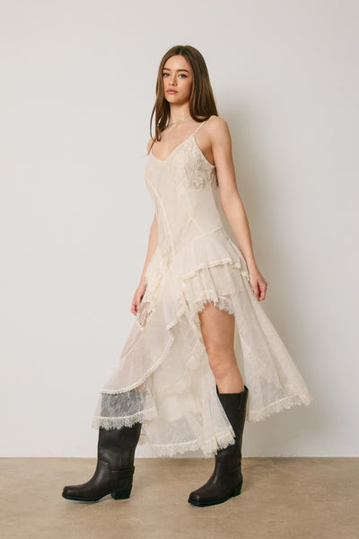 Floral Asymm Tiered Midi Dress - Ivory