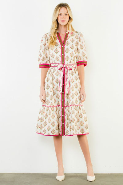 Floral Collared Midi Dress - Cream