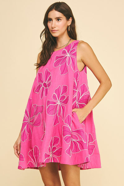Floral Emb A-Line Mini Dress - Hot Pink