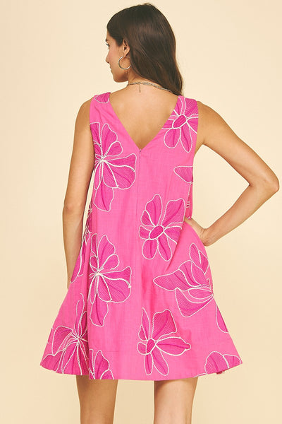 Floral Emb A-Line Mini Dress - Hot Pink