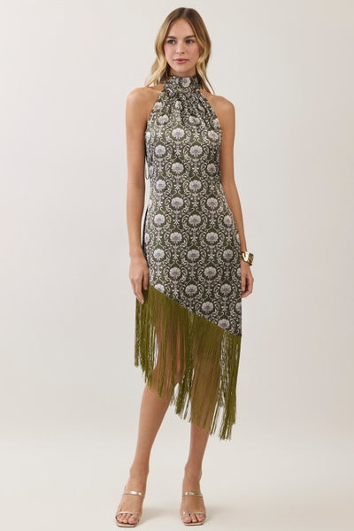 Floral Halter Fringe Midi - Olive