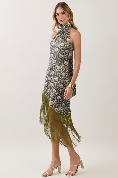 Floral Halter Fringe Midi - Olive