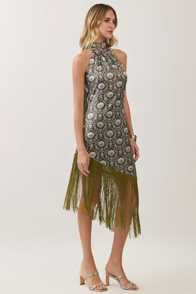 Floral Halter Fringe Midi - Olive