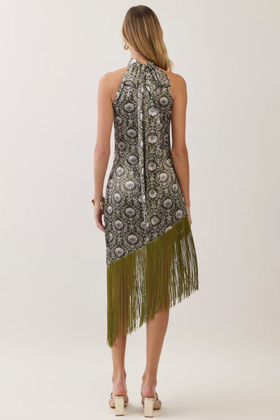 Floral Halter Fringe Midi - Olive