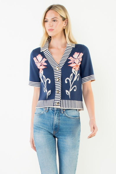 Floral Knit Stripe Trim Top - Navy