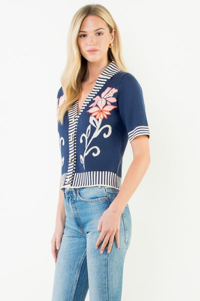 Floral Knit Stripe Trim Top - Navy