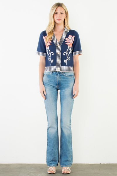 Floral Knit Stripe Trim Top - Navy