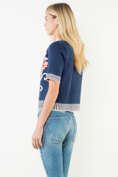 Floral Knit Stripe Trim Top - Navy