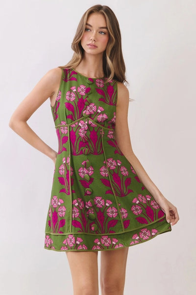 Floral Print Button Front Mini - Green