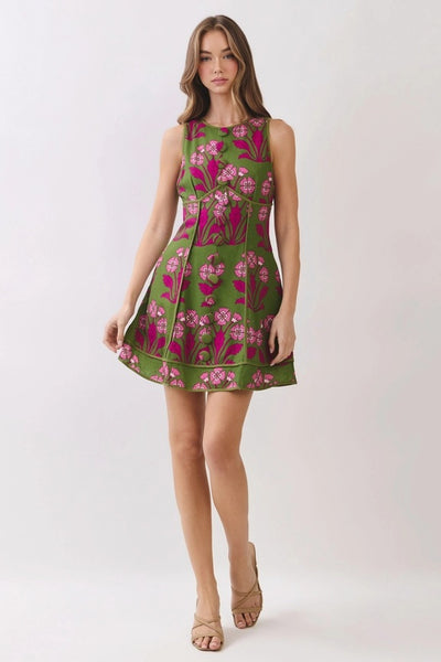 Floral Print Button Front Mini - Green