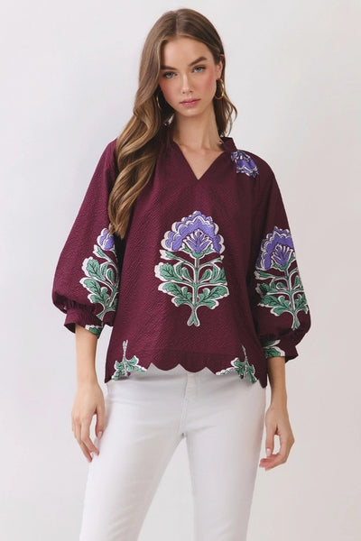 Floral Scallop Hem Blouse - Burgundy