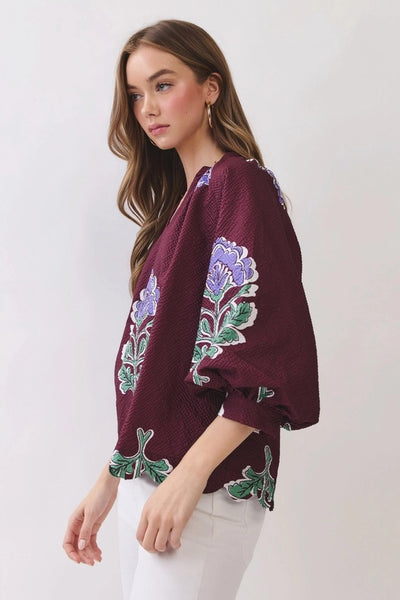 Floral Scallop Hem Blouse - Burgundy
