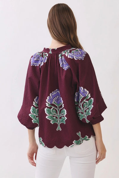 Floral Scallop Hem Blouse - Burgundy