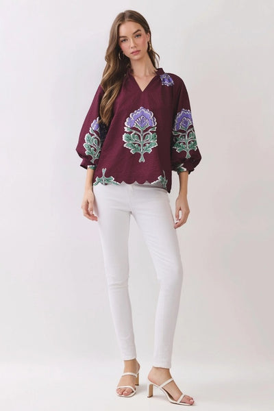 Floral Scallop Hem Blouse - Burgundy