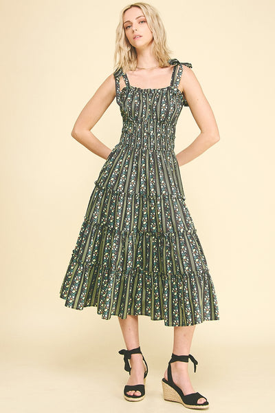 Floral Tiered Midi Dress - Black
